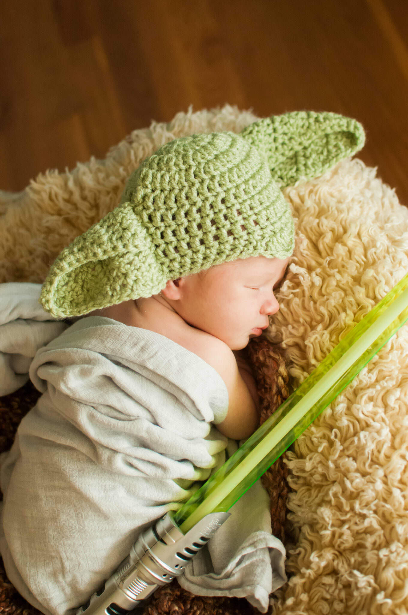 Newborn in yoda hat, Creative styled baby Livonia Photographer
