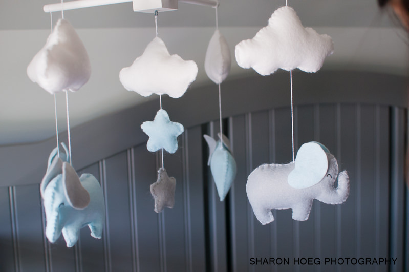 elephant crib mobile in neutral colors, nursery details, northville newborn photography