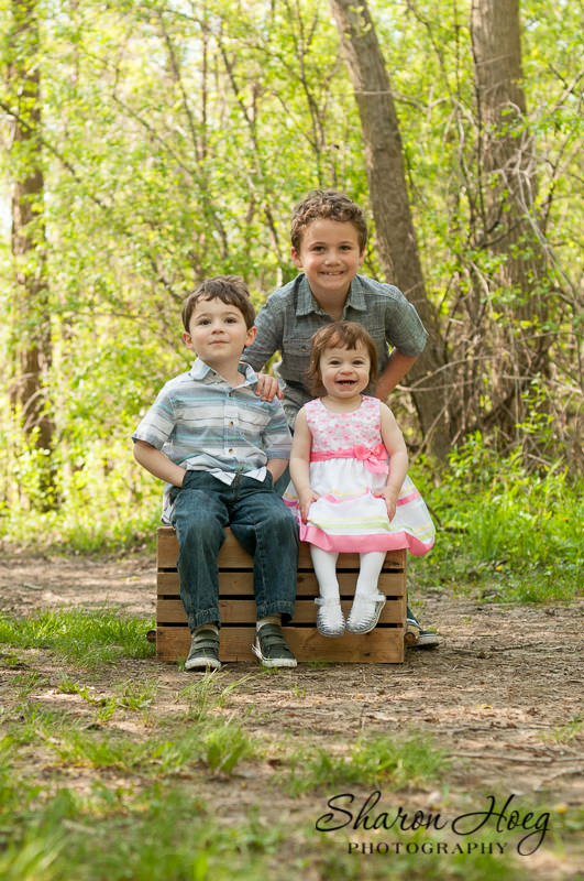 trio of siblings sitting on a crate, Metro Detroit Family Photography