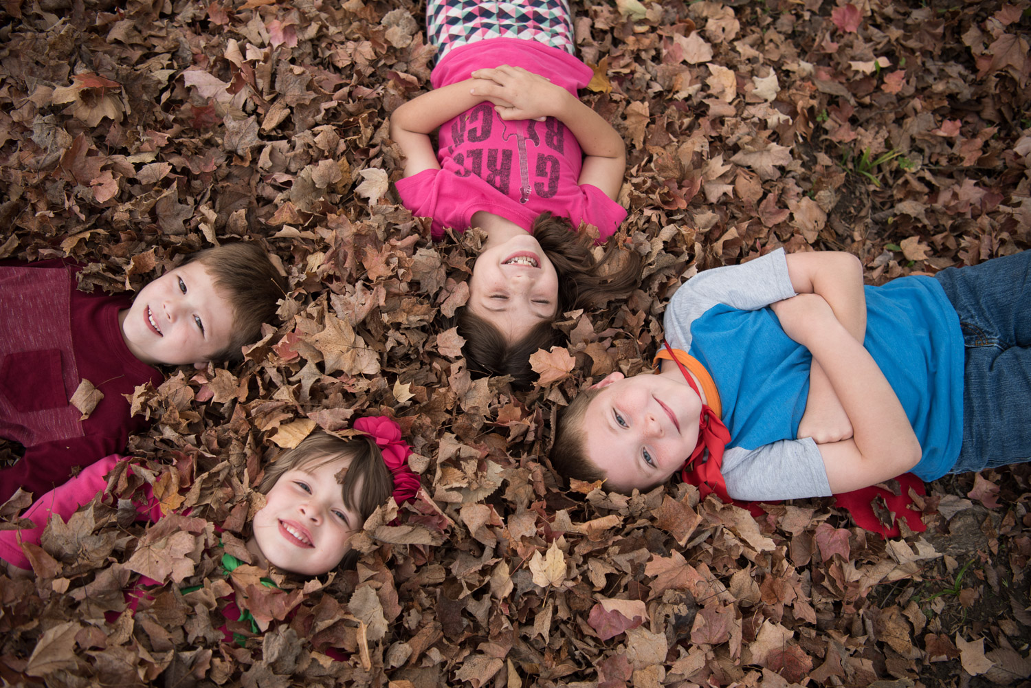 South Lyon Family Photographer, four kids laying in leaves
