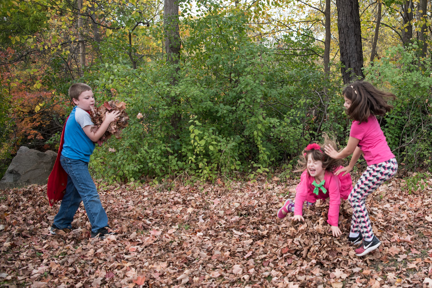 three kids having a leaf fight, michigan fall photographer
